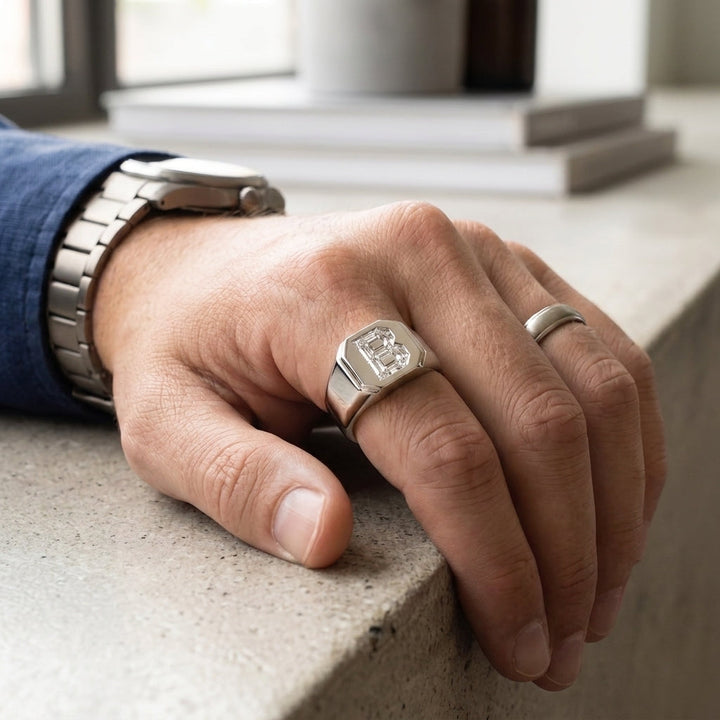 Men's Classic Square lab-grown diamond letter signet ring in 14K White Gold, worn on hand