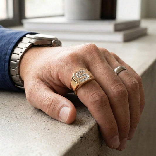Men's Classic Square lab-grown diamond letter signet ring in 14K Rose Gold, letter S, worn on hand