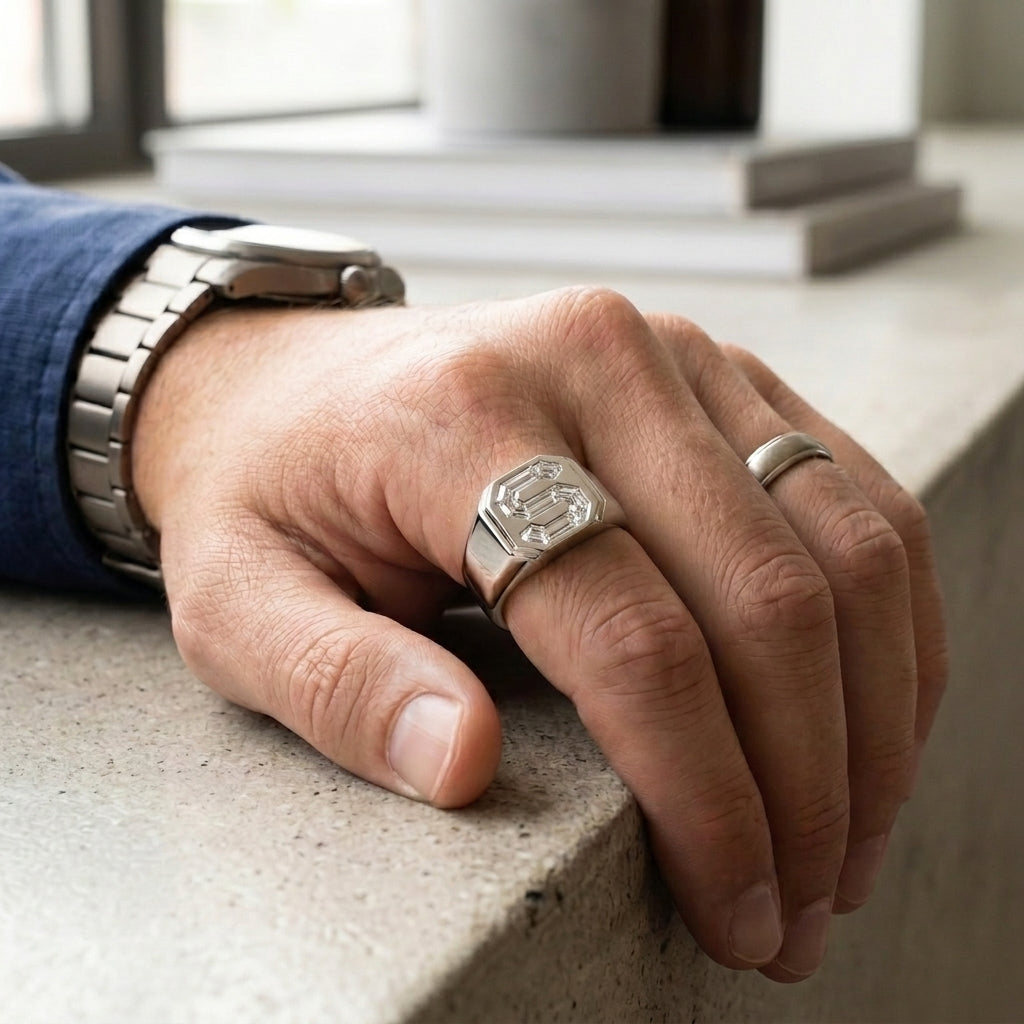 Men's Classic Square lab-grown diamond letter signet ring in 14K White Gold, letter S, worn on hand