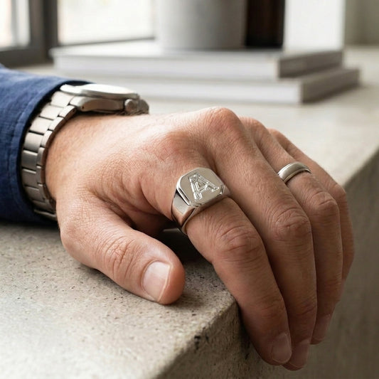 Men's Cushion lab-grown diamond letter signet ring in 14K White Gold, letter A, worn on hand