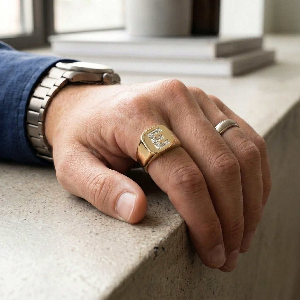 Men's Cushion lab-grown diamond letter signet ring in 14K Yellow Gold, letter E, worn on hand