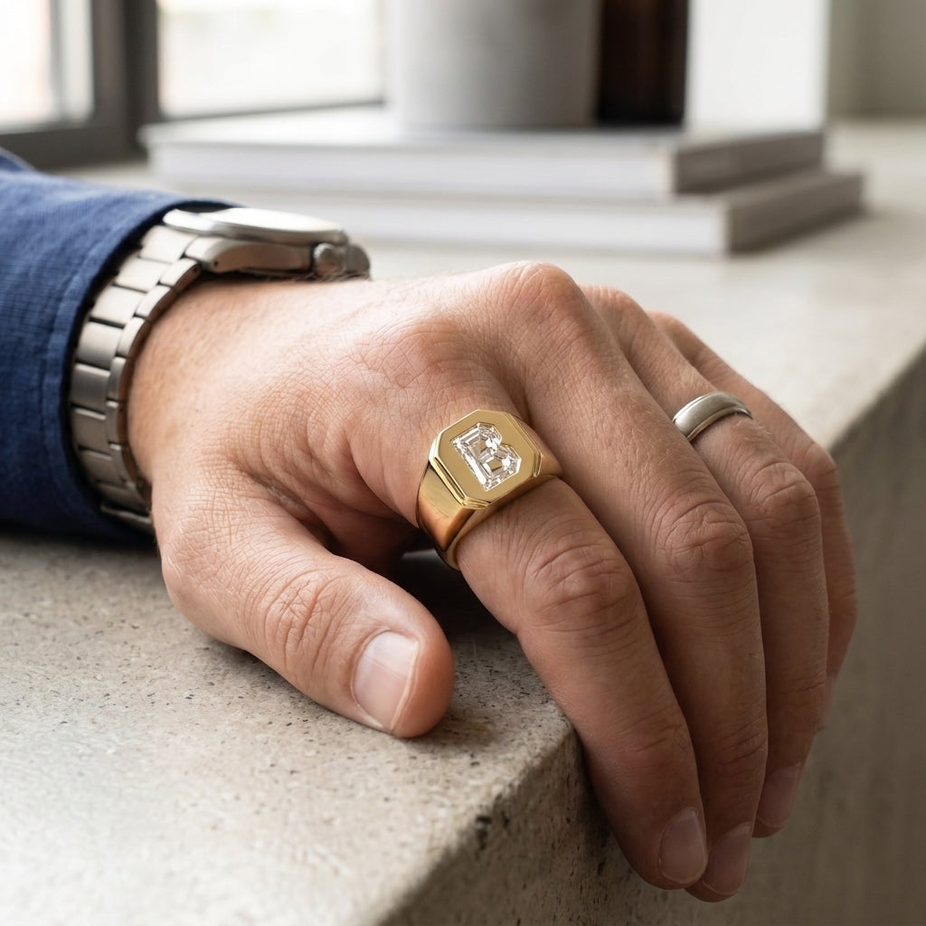 Men's Hexagon lab-grown diamond letter signet ring in 14K Yellow Gold, worn on hand
