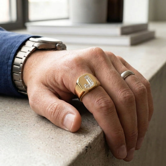 Men's Hexagon lab-grown diamond letter signet ring in 14K Yellow Gold, letter J, worn on hand