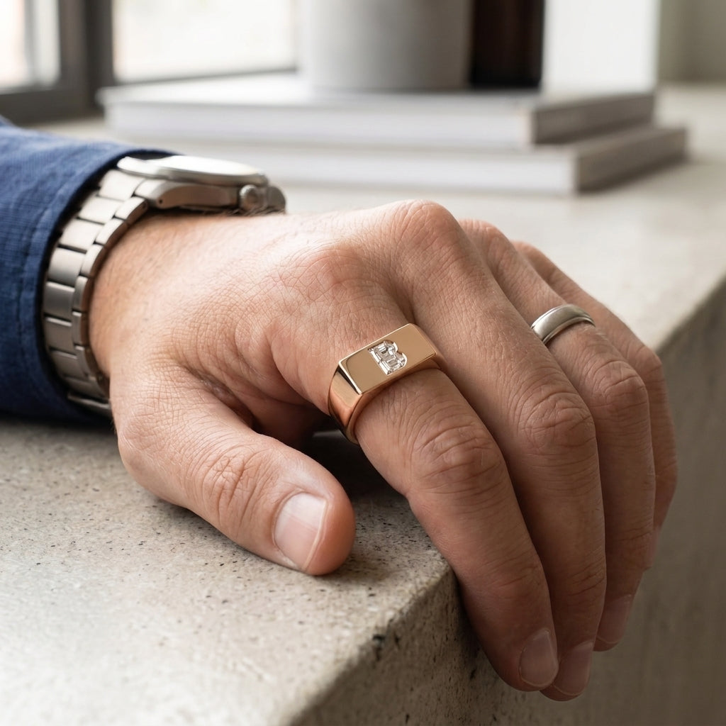 Men's Minimalist Bar lab-grown diamond letter signet ring in 14K Rose Gold, worn on hand