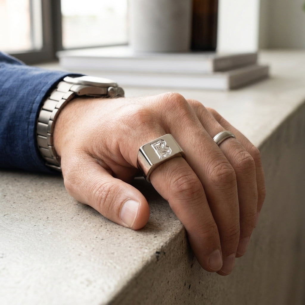 Men's Minimalist Bar lab-grown diamond letter signet ring in Platinum, worn on hand