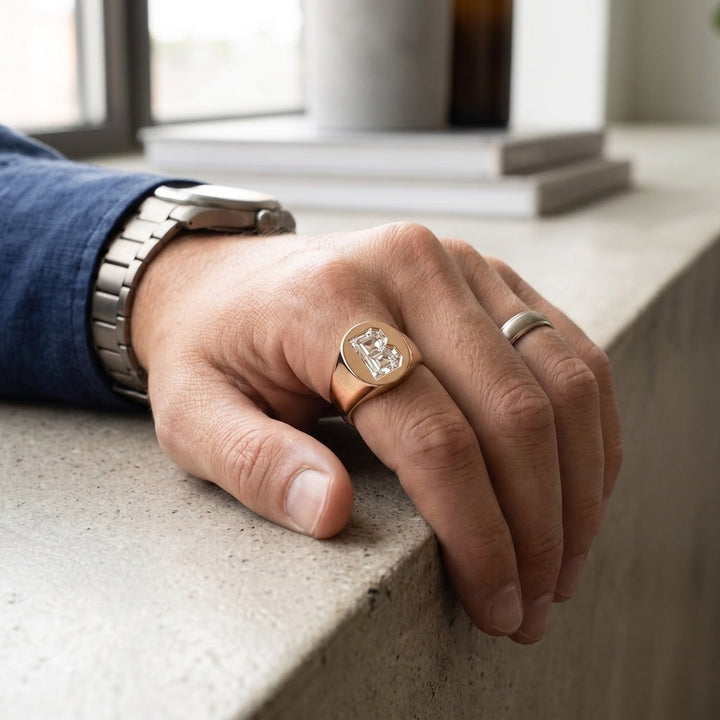 Men's Oval lab-grown diamond letter signet ring in 14K Rose Gold, worn on hand
