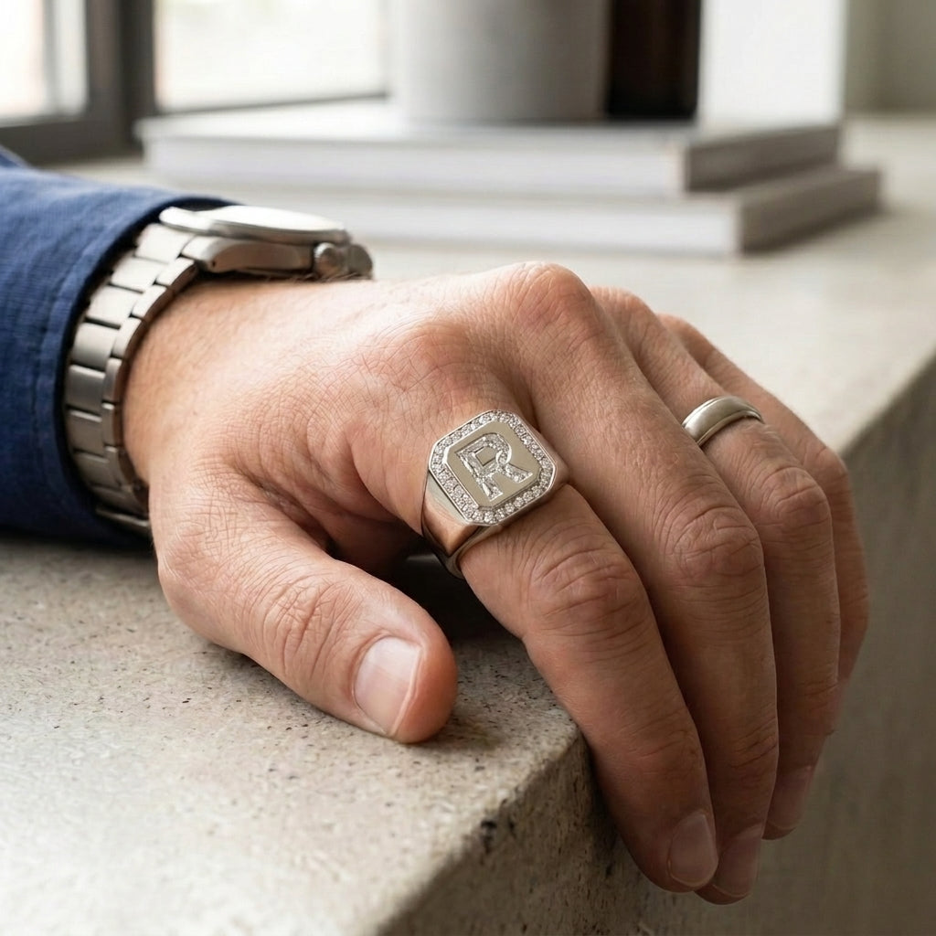 Men's Pavé Border lab-grown diamond letter signet ring in 14K White Gold, letter R, worn on hand