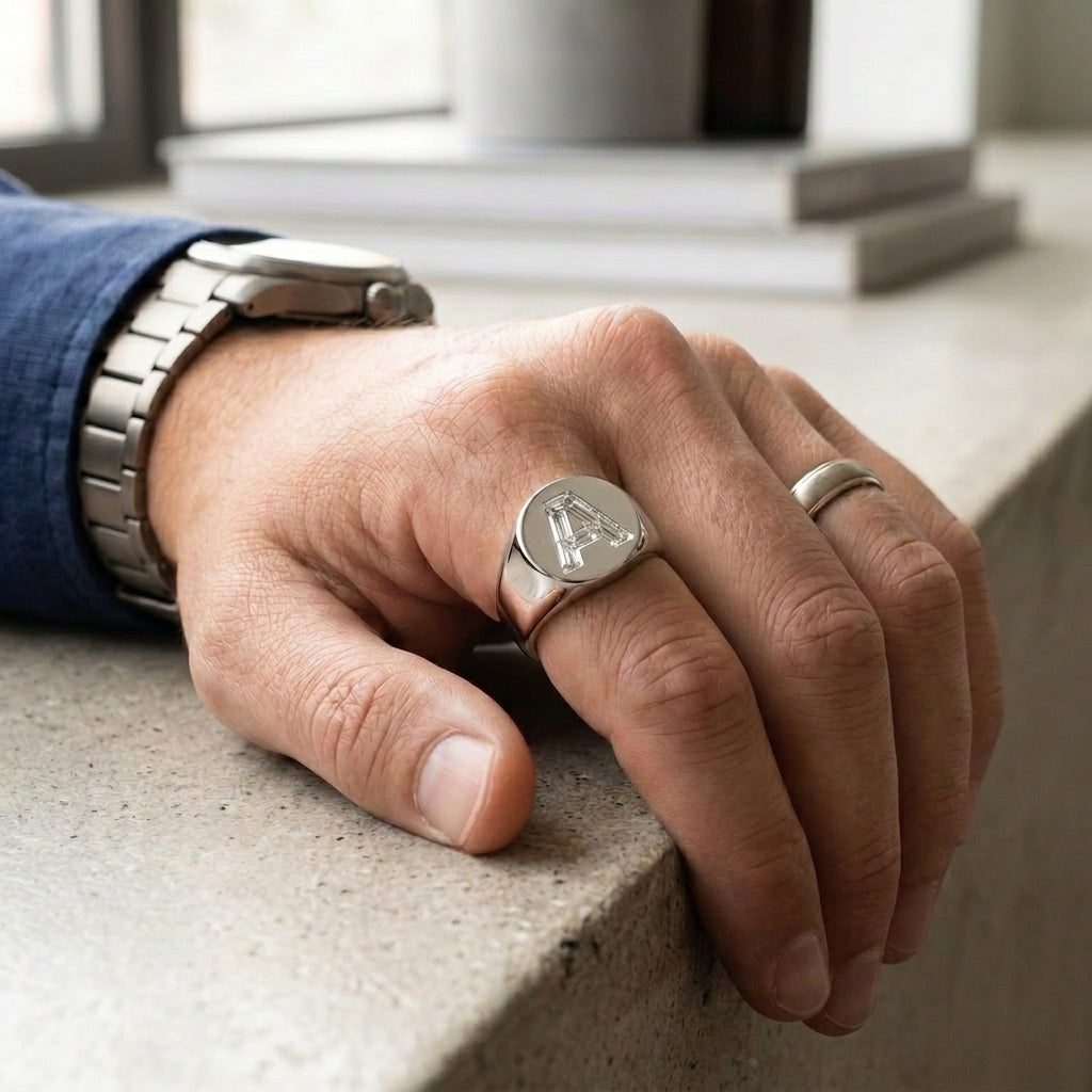 Men's Round lab-grown diamond letter signet ring in Platinum, letter A, worn on hand