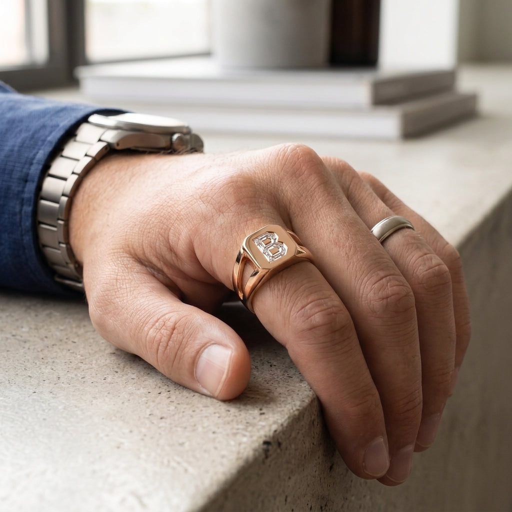 Men's Split Shank lab-grown diamond letter signet ring in 14K Rose Gold, worn on hand
