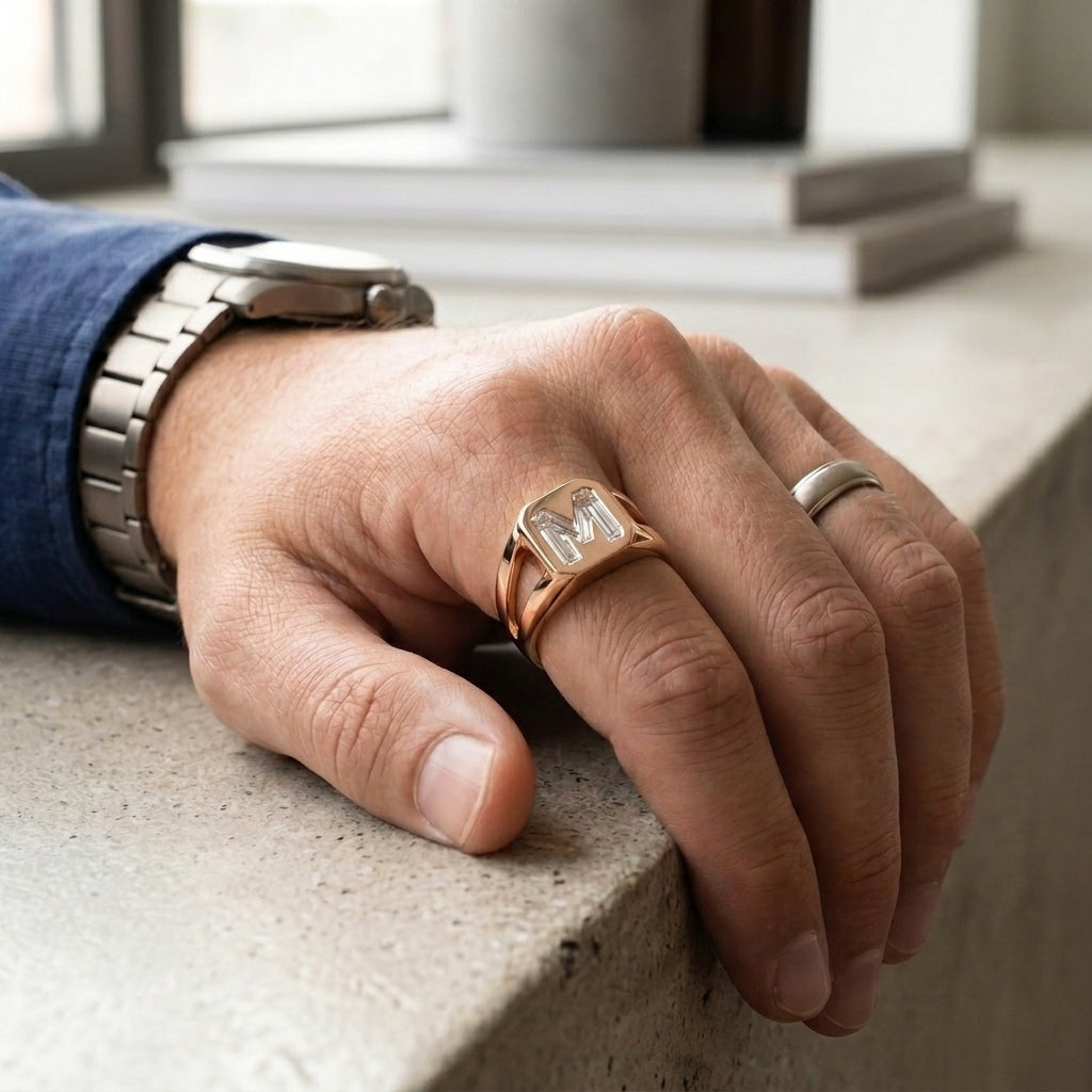 Men's Split Shank lab-grown diamond letter signet ring in 14K Rose Gold, letter M, worn on hand