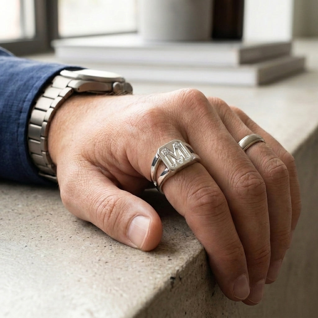 Men's Split Shank lab-grown diamond letter signet ring in 14K White Gold, letter M, worn on hand