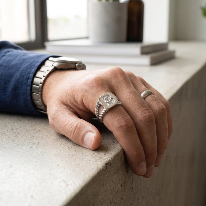 Men's Twisted Band lab-grown diamond letter signet ring in 14K White Gold, worn on hand