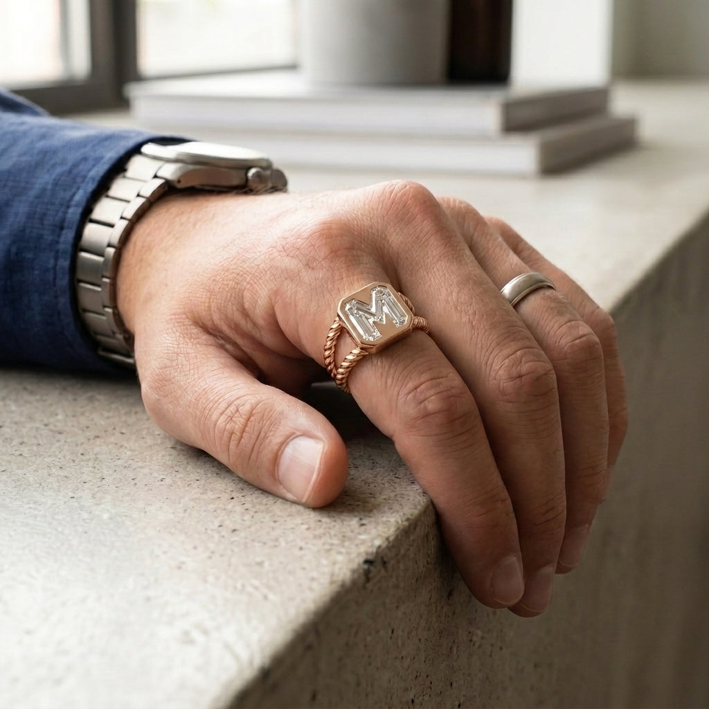 Men's Twisted Band lab-grown diamond letter signet ring in 14K Rose Gold, letter M, worn on hand