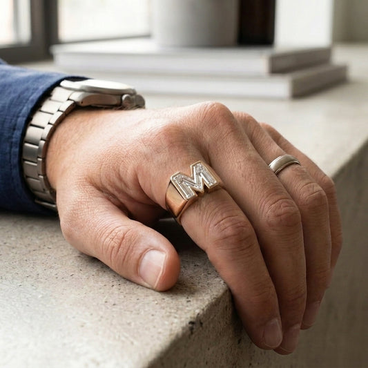 Men's Vintage Milgrain lab-grown diamond letter signet ring in 14K Rose Gold, letter M, worn on hand