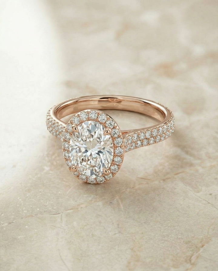 Ella Select micro-pavé triple row halo oval oval ring in 14K Rose Gold — alt angle — RockHer