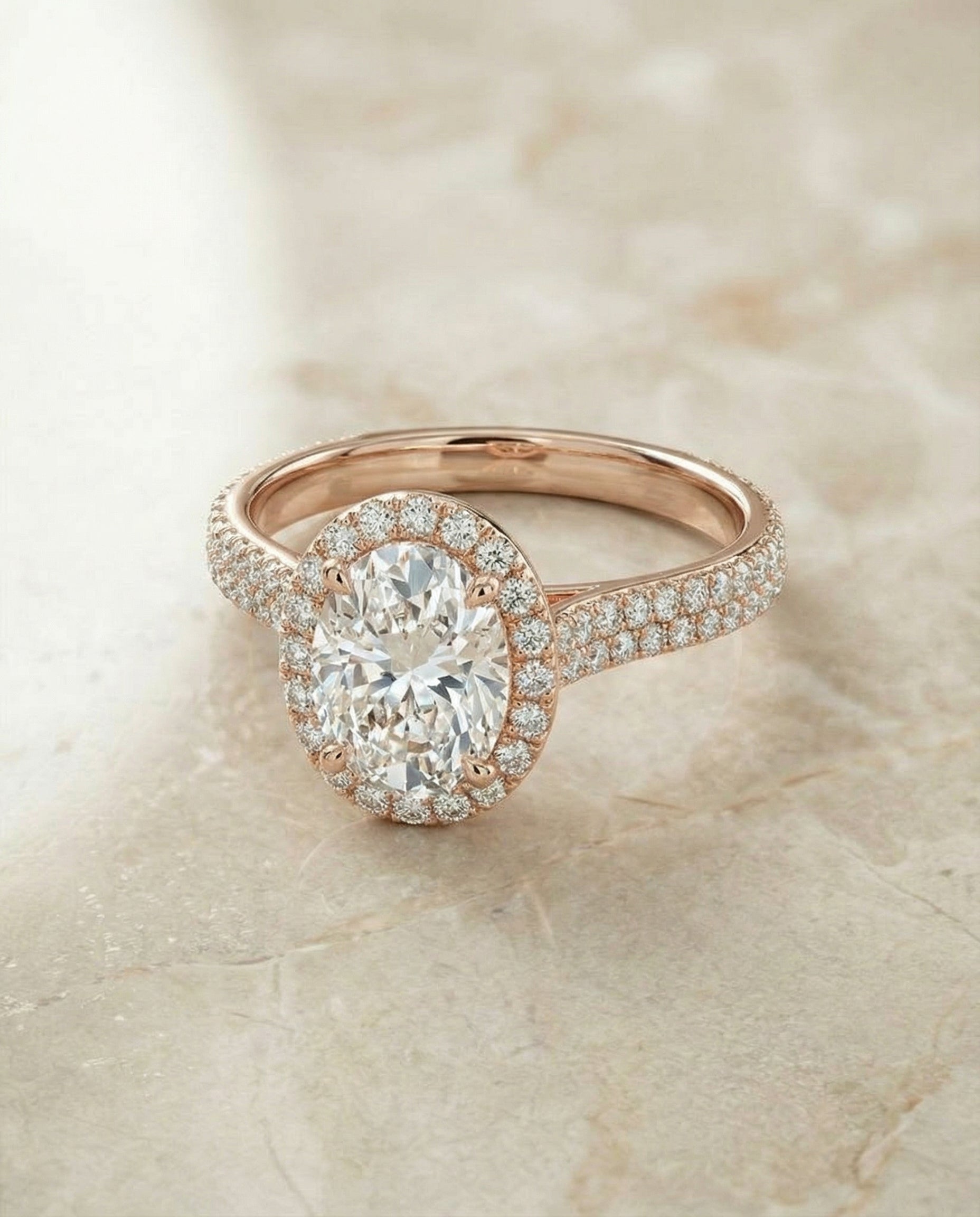 Micro-Pavé Triple Row Halo Oval, in 14K Rose Gold, pave setting – angled view | RockHer