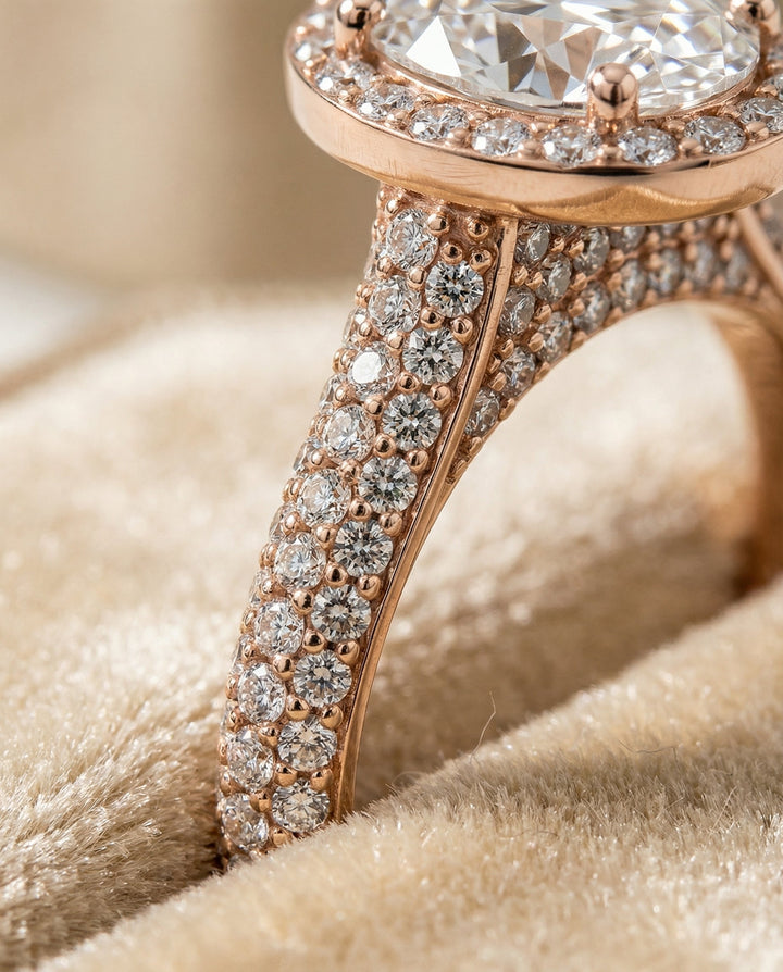 Ella Select micro-pavé triple row halo oval oval ring in 14K Rose Gold — detail — RockHer