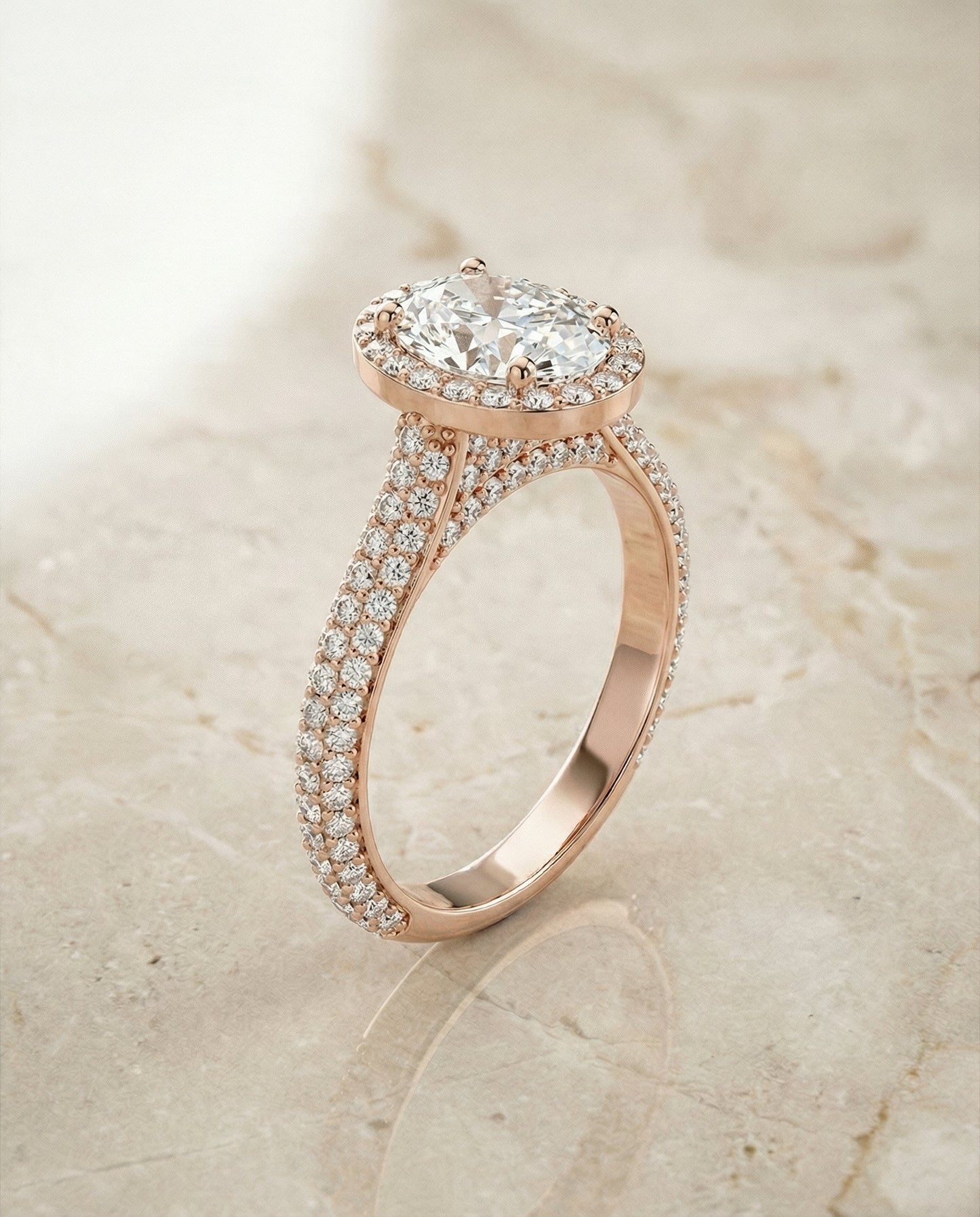 Micro-Pavé Triple Row Halo Oval, in 14K Rose Gold, pave setting – front view | RockHer