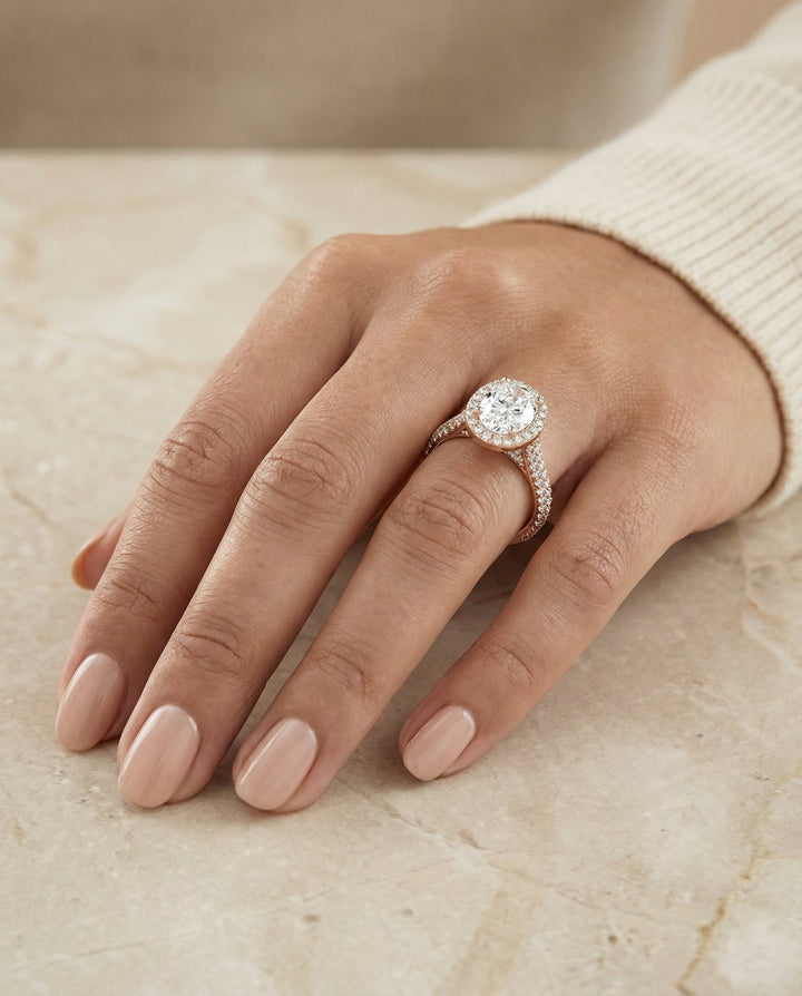 Ella Select micro-pavé triple row halo oval oval ring in 14K Rose Gold — on hand angled — RockHer