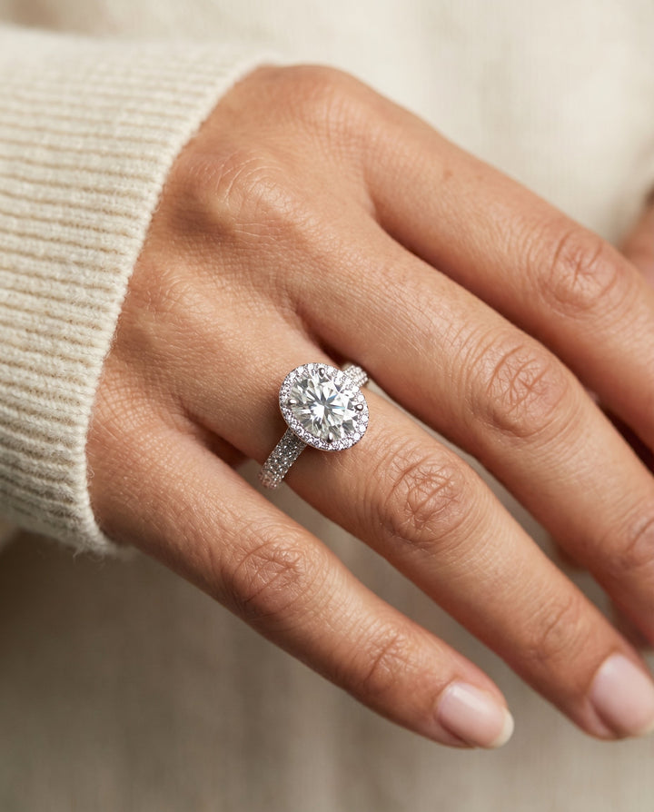 Micro-Pavé Triple Row Halo Oval, in Platinum, pave setting – lifestyle shot | RockHer