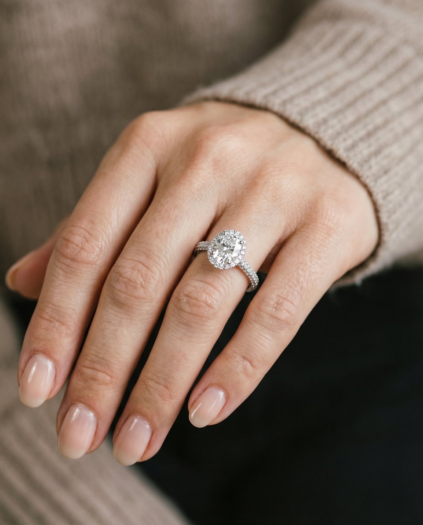 Micro-Pavé Triple Row Halo Oval, in Platinum, pave setting – lifestyle shot | RockHer