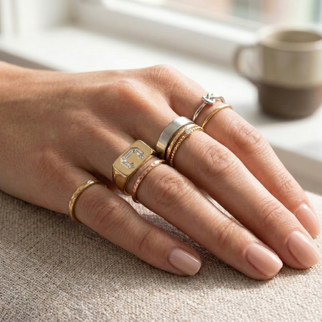 Women's Minimalist Bar lab-grown diamond letter signet ring in 14K Yellow Gold, letter C, worn on hand