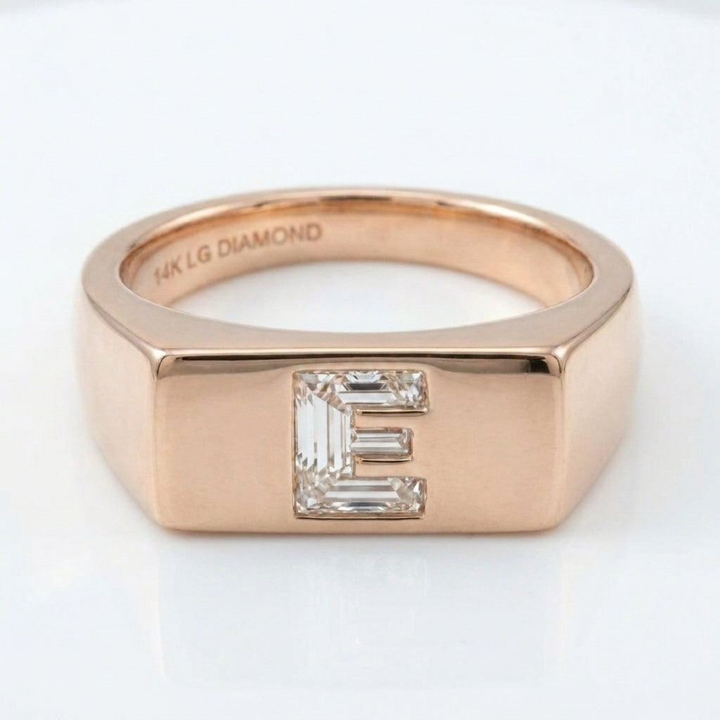 Women's Minimalist Bar lab-grown diamond letter signet ring in 14K Rose Gold, letter E, product photography