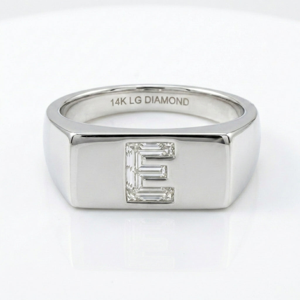 Women's Minimalist Bar lab-grown diamond letter signet ring in 14K White Gold, letter E, product photography