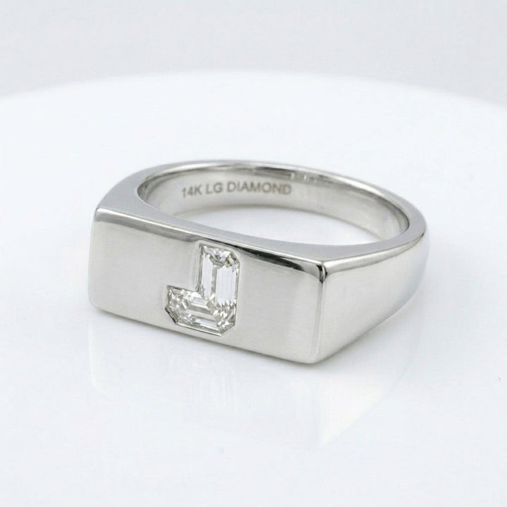 Women's Minimalist Bar lab-grown diamond letter signet ring in Platinum, letter J, product photography