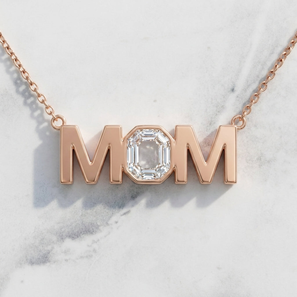 MOM lab-grown diamond letter necklace in 14K Rose Gold
