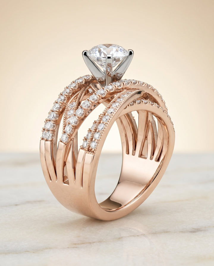 Violetta Select Multi Layer Interweave Pave Solitaire in 14K Rose Gold – view 2