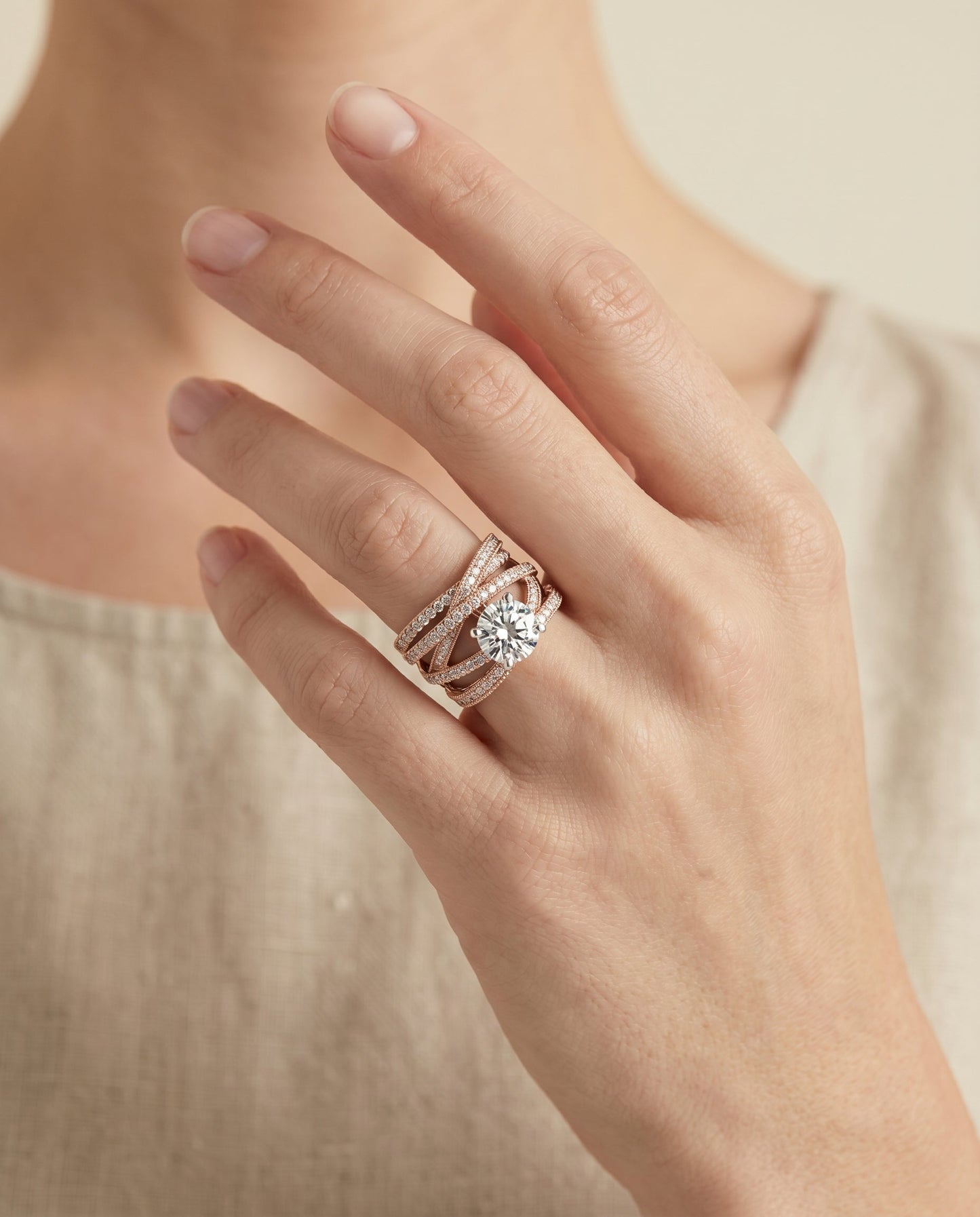 Violetta Select Multi Layer Interweave Pave Solitaire in 14K Rose Gold – view 5