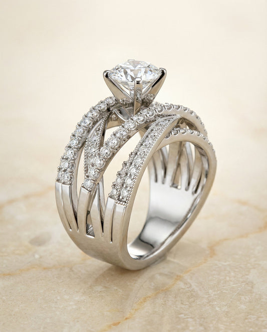 Multi-Layer Interweave Pavé Round Engagement Ring Setting in 14K White Gold