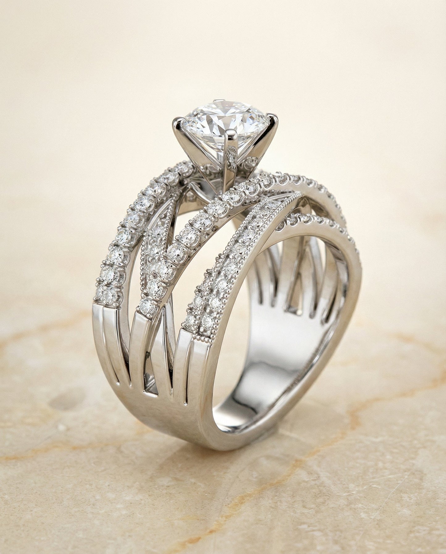 Round Brilliant, Multi-Layer Interweave Pavé, in 18K White Gold – front view | RockHer