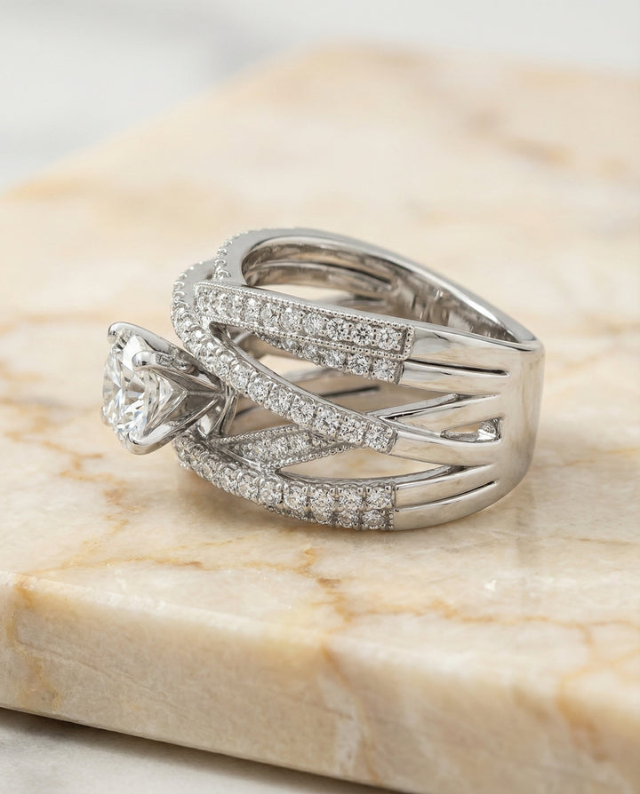 Round Brilliant, Multi-Layer Interweave Pavé, in 18K White Gold – side profile | RockHer
