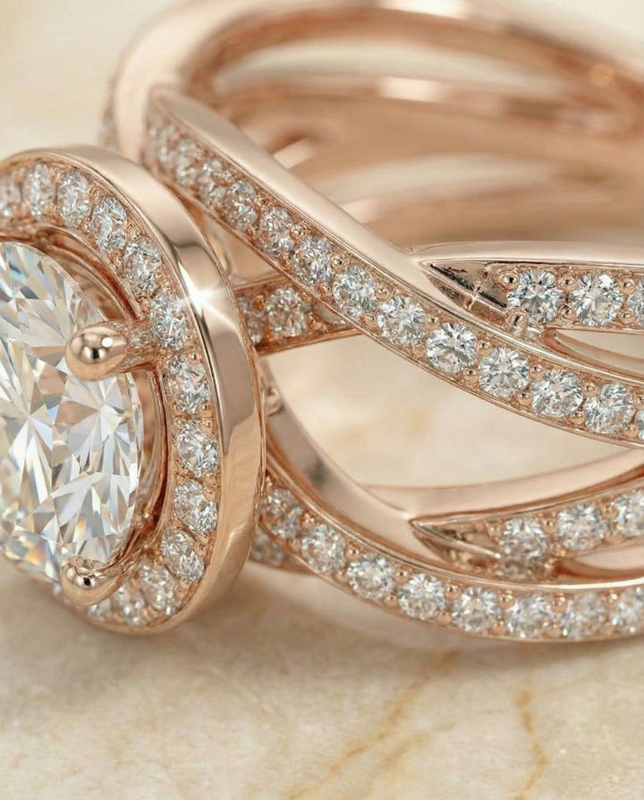Round Brilliant, Open Intertwined Pavé Row, in 14K Rose Gold, prong setting – detail view | RockHer