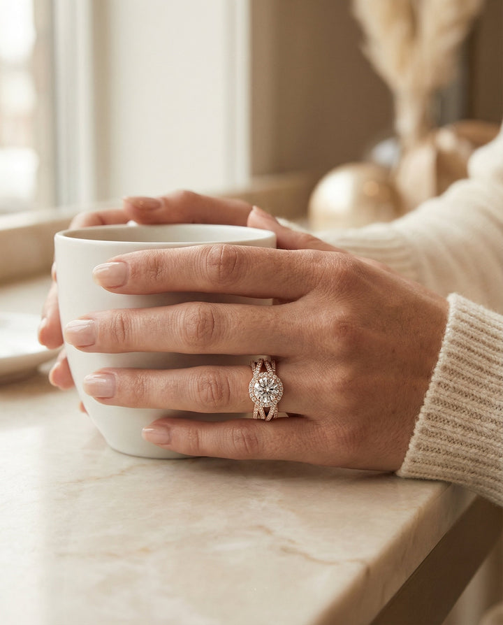 Round Brilliant, Open Intertwined Pavé Row, in 14K Rose Gold, prong setting – lifestyle shot | RockHer
