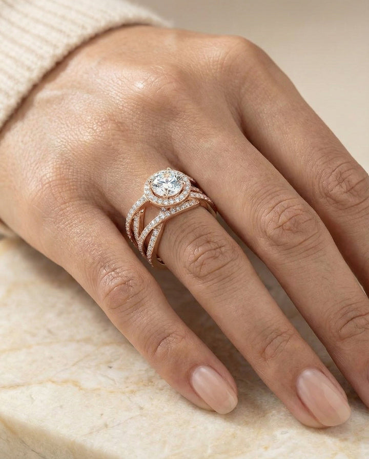 Round Brilliant, Open Intertwined Pavé Row, in 14K Rose Gold, prong setting – lifestyle shot | RockHer