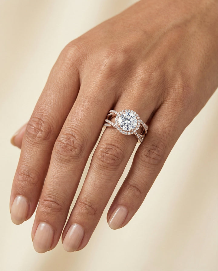 Round Brilliant, Open Intertwined Pavé Row, in 14K Rose Gold, prong setting – lifestyle shot | RockHer