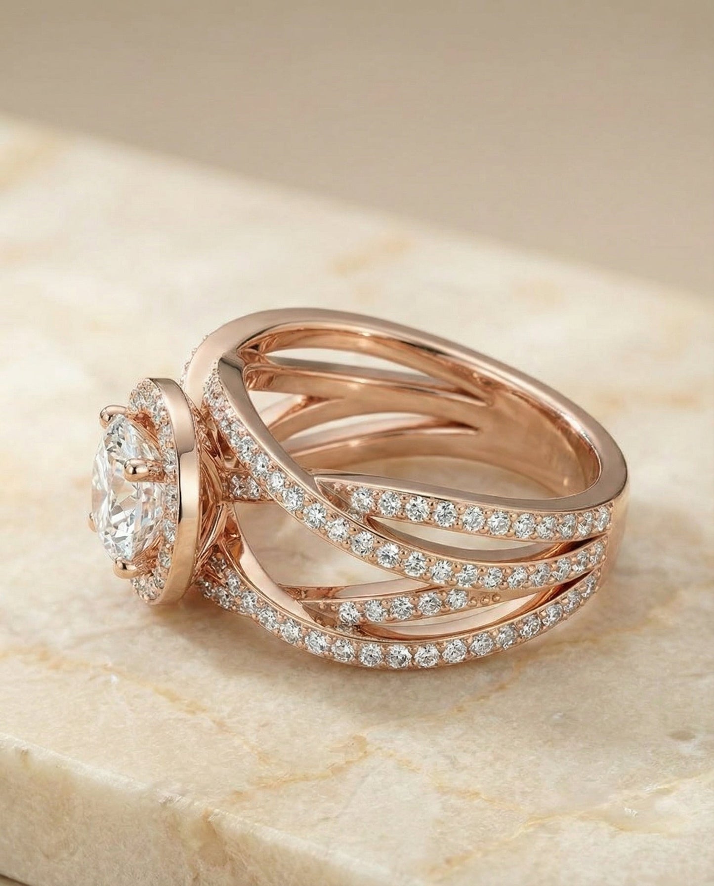 Round Brilliant, Open Intertwined Pavé Row, in 14K Rose Gold, prong setting – side profile | RockHer