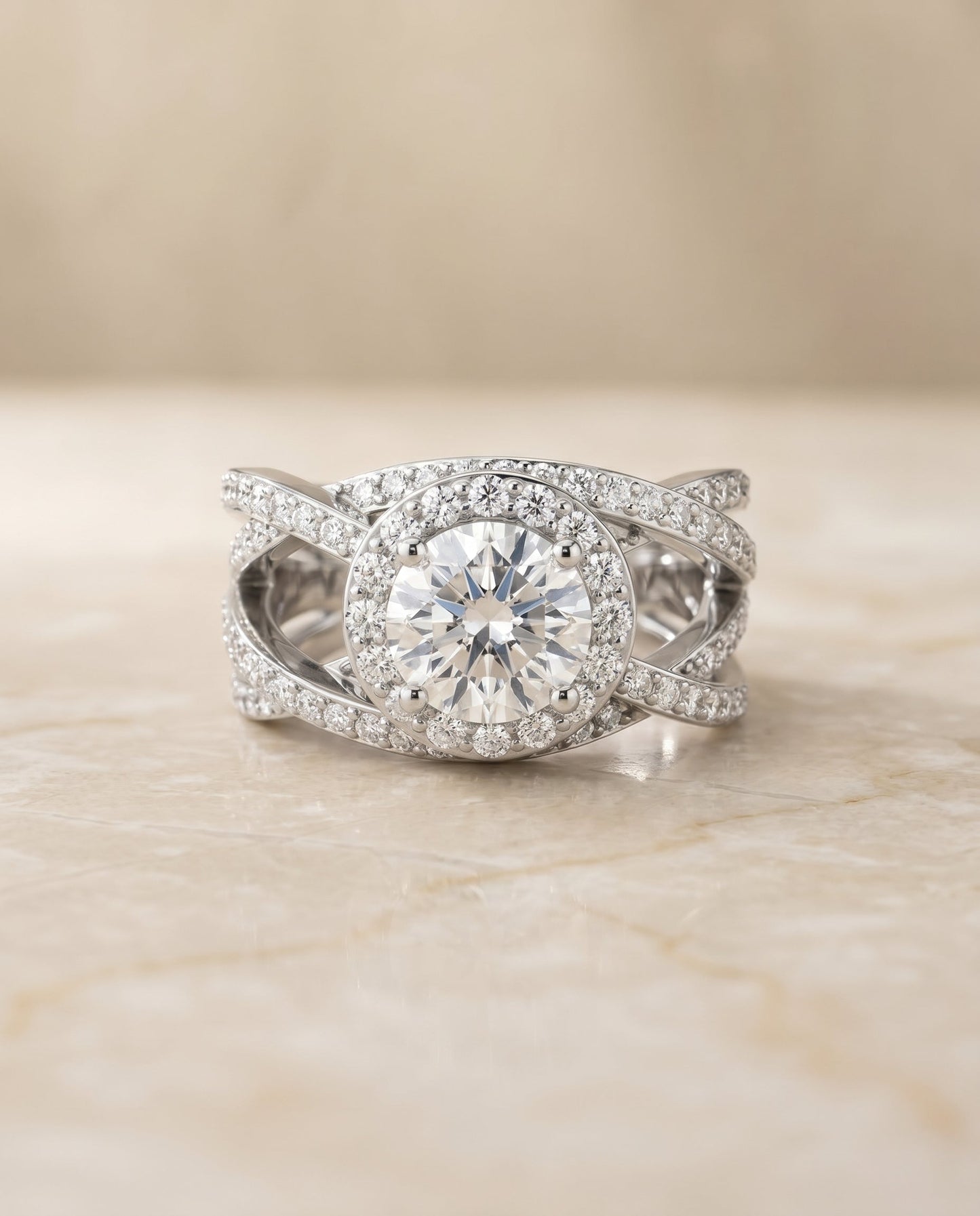 Round Brilliant, Open Intertwined Pavé Row, in 18K White Gold – angled view | RockHer