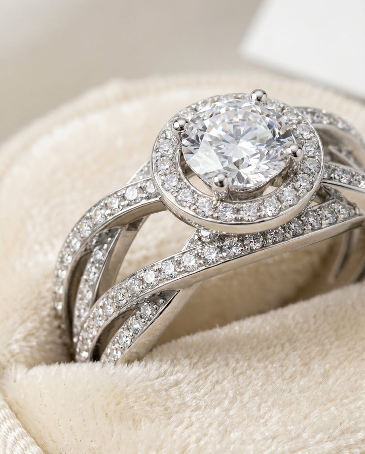 Round Brilliant, Open Intertwined Pavé Row, in 18K White Gold – detail view | RockHer