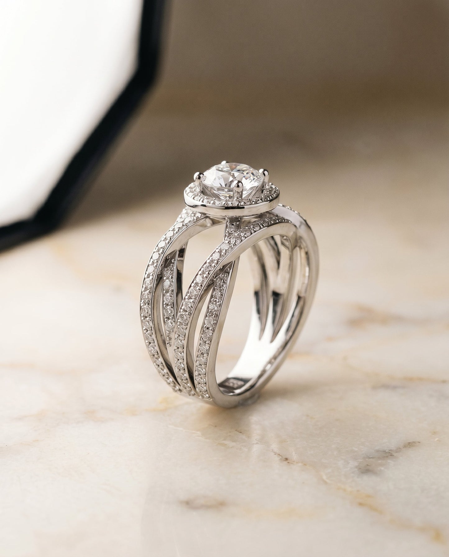 Round Brilliant, Open Intertwined Pavé Row, in 18K White Gold – front view | RockHer