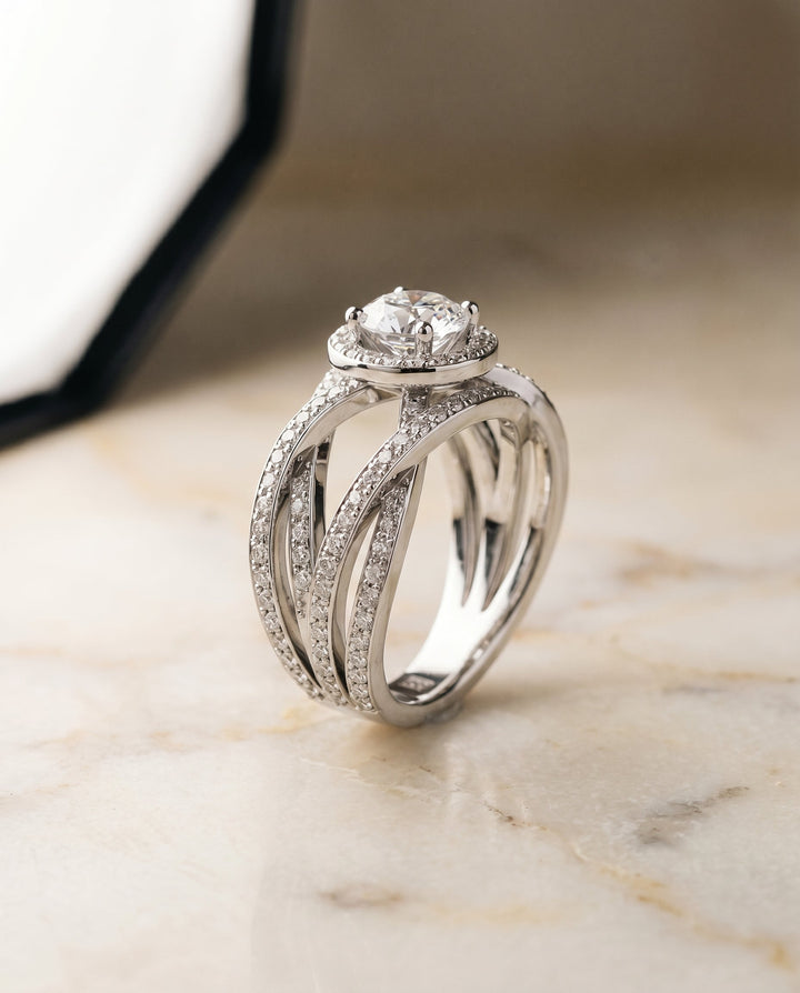 Round Brilliant, Open Intertwined Pavé Row, in 18K White Gold – front view | RockHer