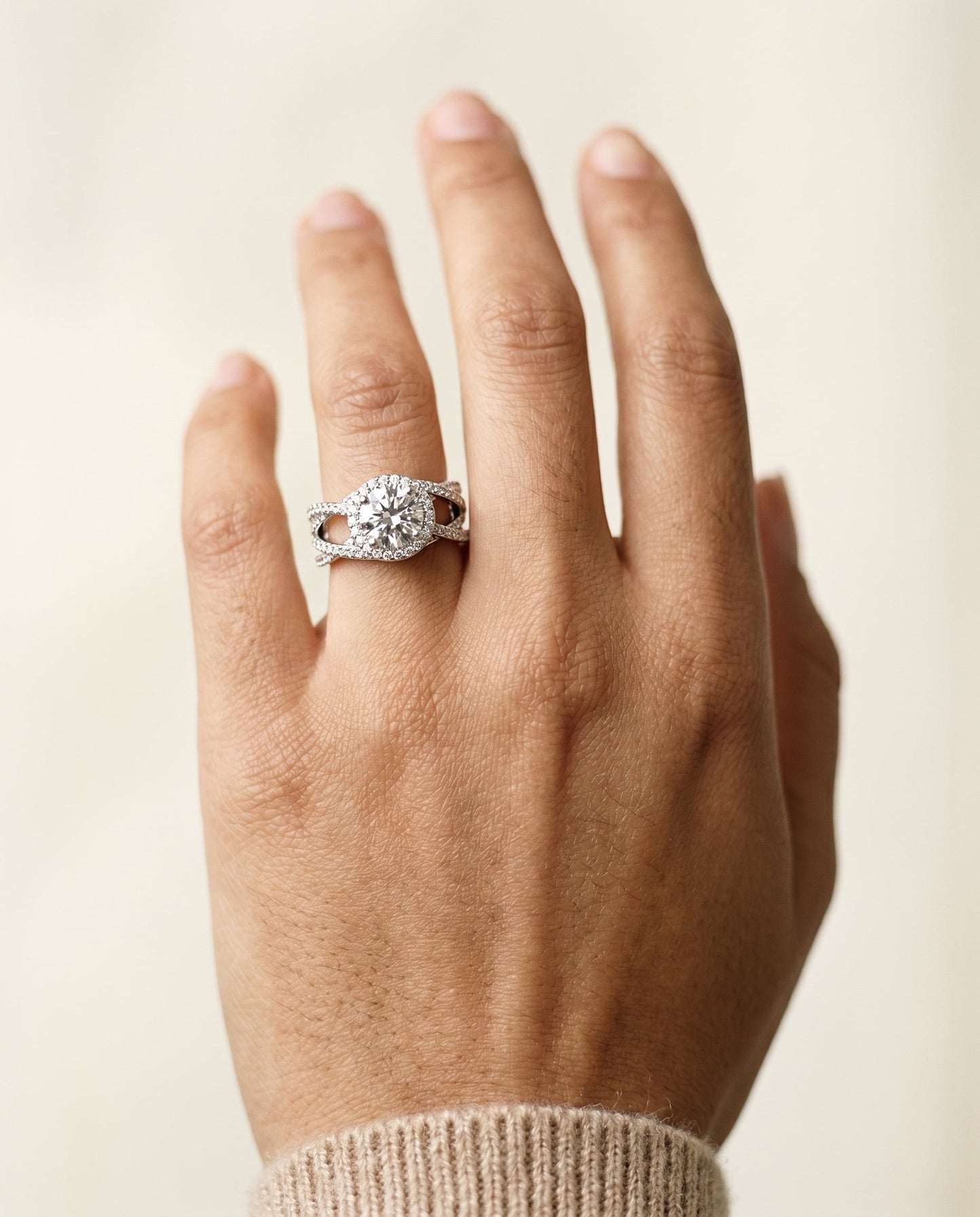 Round Brilliant, Open Intertwined Pavé Row, in 18K White Gold – lifestyle shot | RockHer