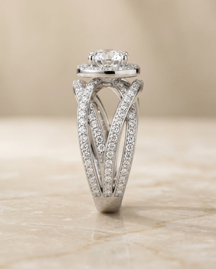 Round Brilliant, Open Intertwined Pavé Row, in 18K White Gold – side profile | RockHer