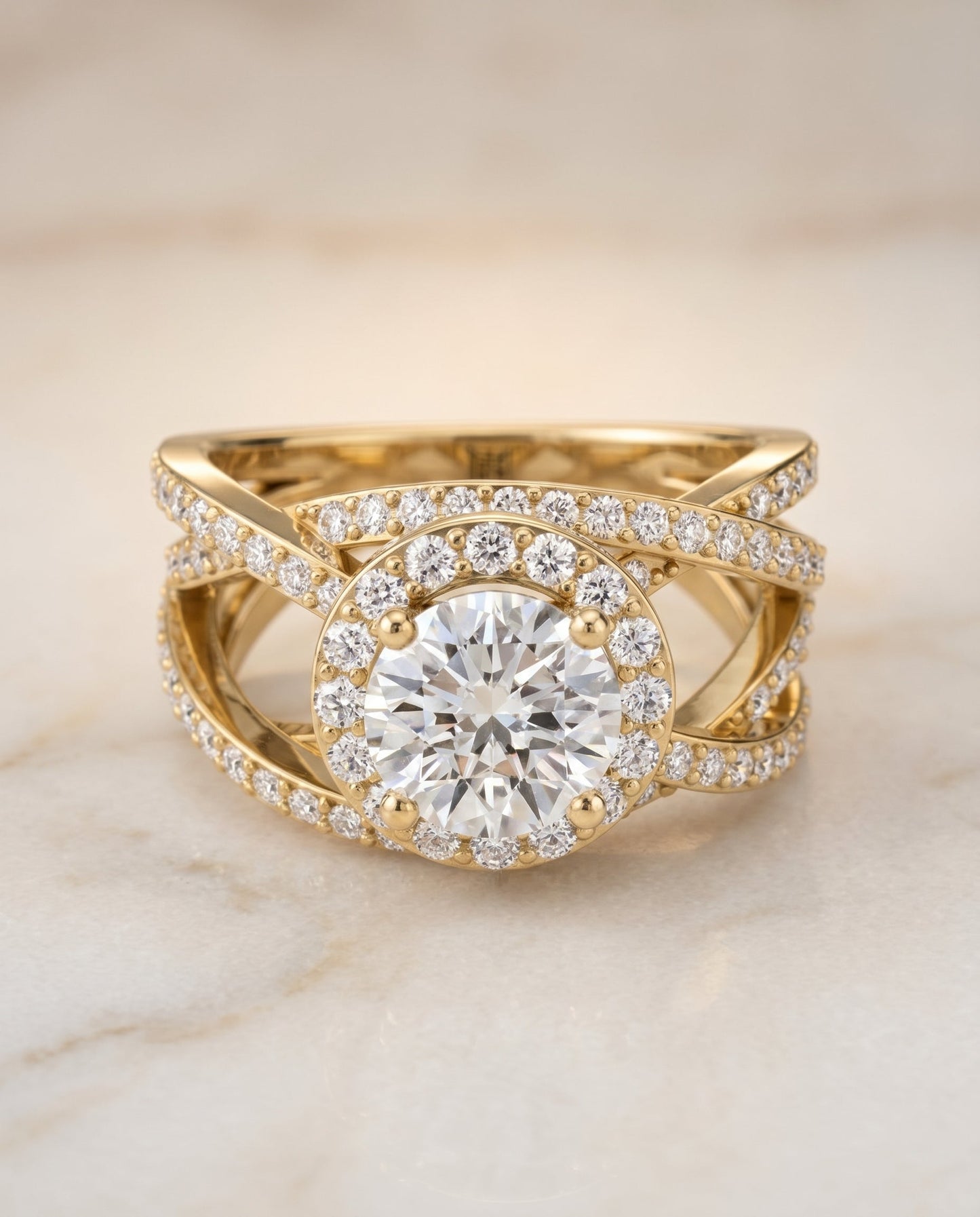 Round Brilliant, Open Intertwined Pavé Row, in 18K Yellow Gold – angled view | RockHer