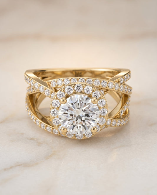 Round Brilliant, Open Intertwined Pavé Row, in 18K Yellow Gold – angled view | RockHer