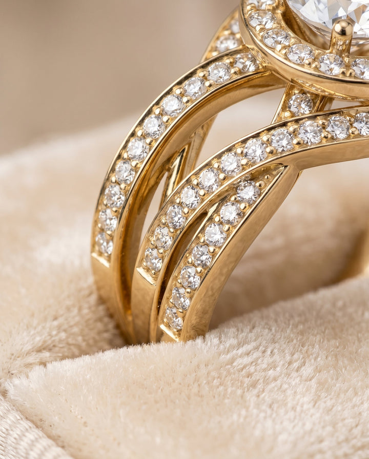 Round Brilliant, Open Intertwined Pavé Row, in 18K Yellow Gold – detail view | RockHer