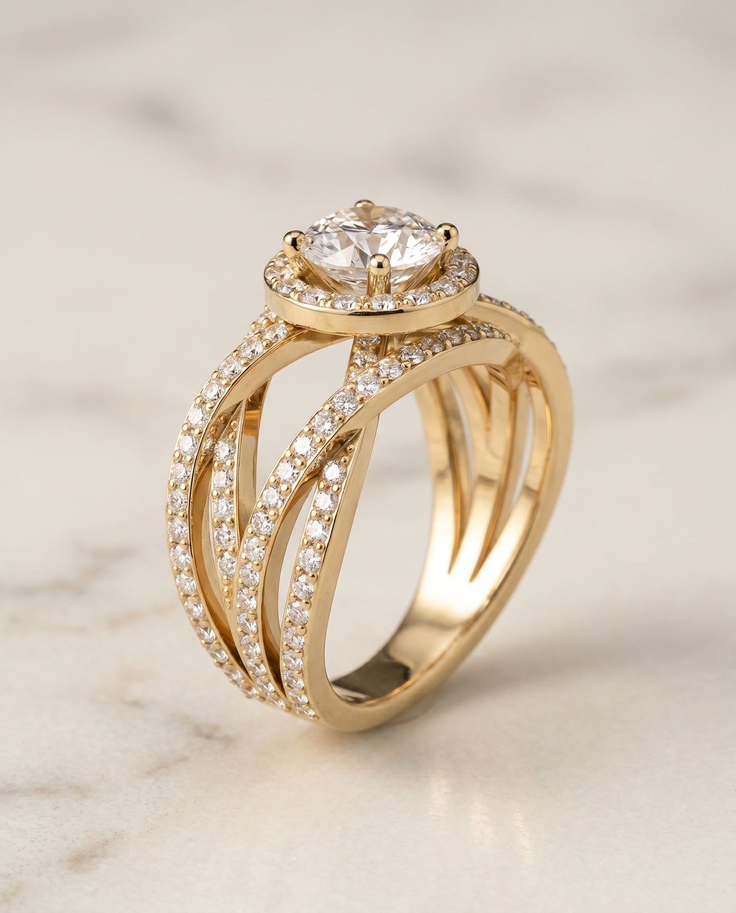 Round Brilliant, Open Intertwined Pavé Row, in 18K Yellow Gold – front view | RockHer